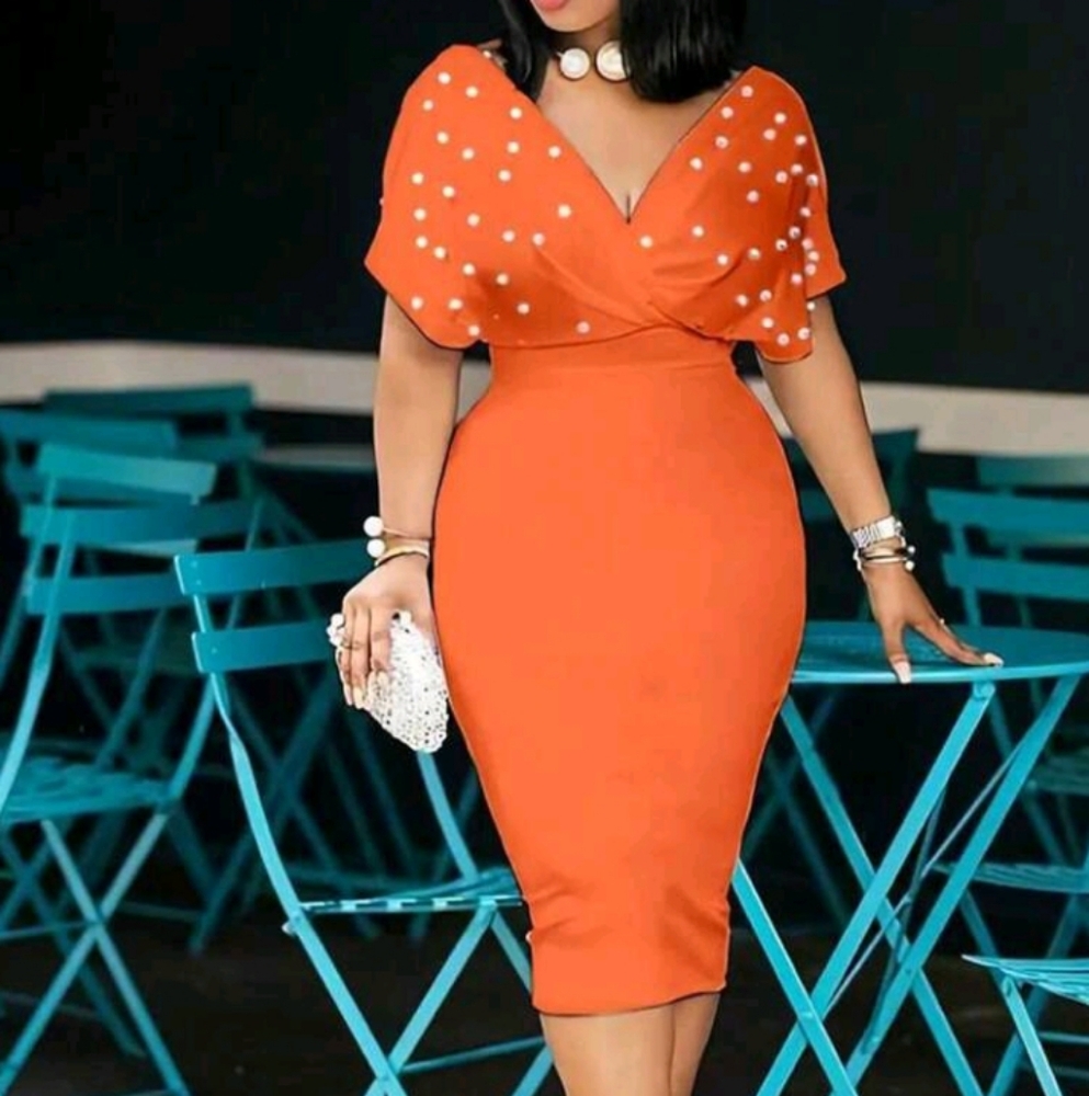 Elegant Orange Dress with Pearl Accents - Reposhed